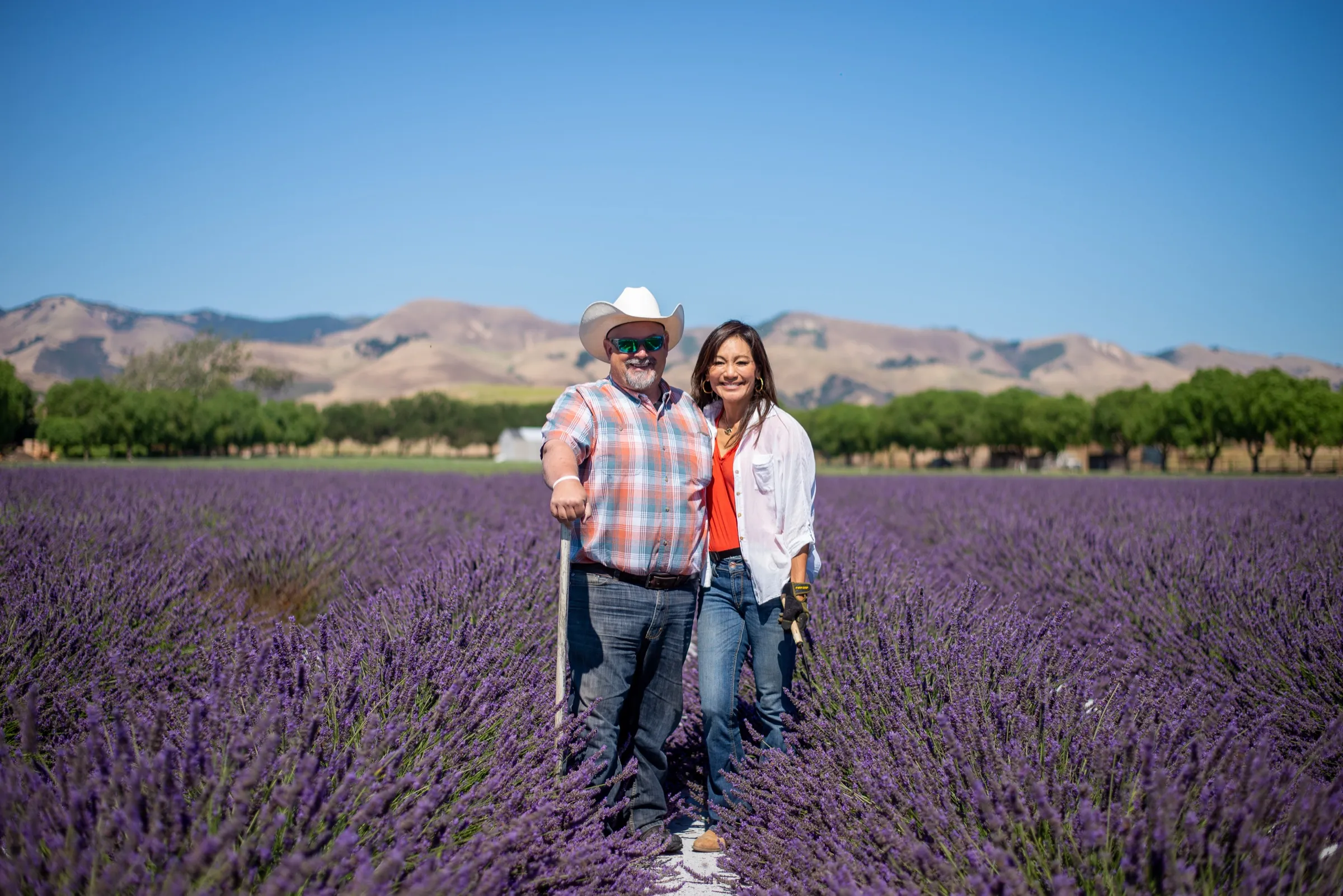 Gio and Lisa Coglitore standing in a row of lavender in Edna Valley