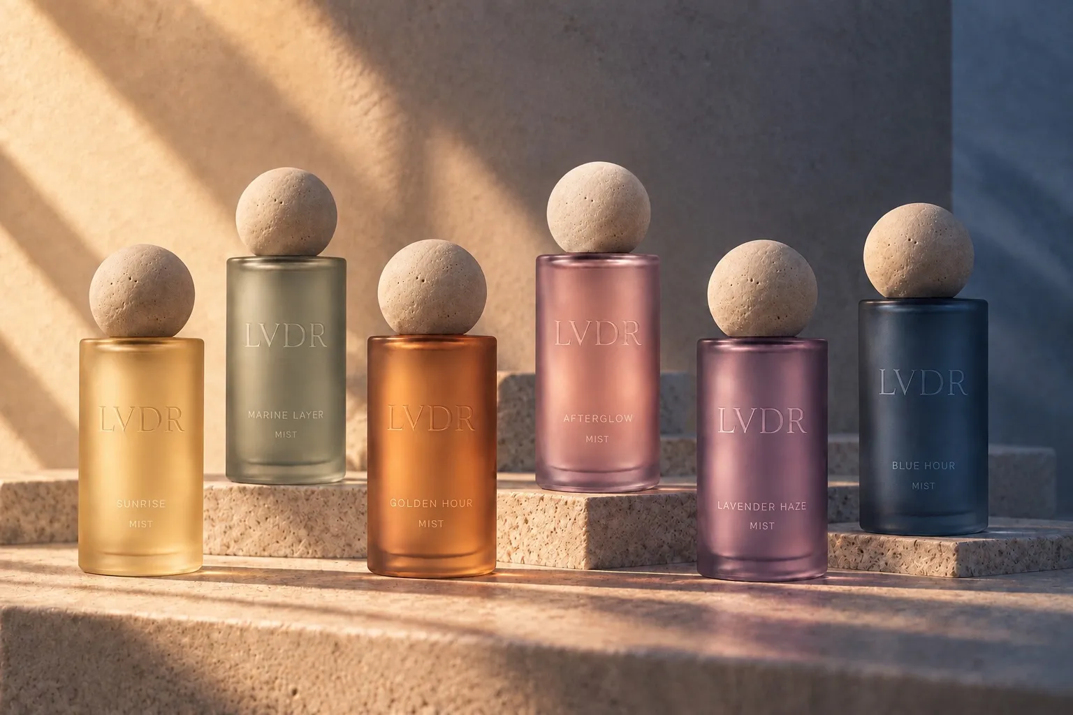 Six LVDR mists in frosted colored glass with travertine sphere caps, arriving soon
